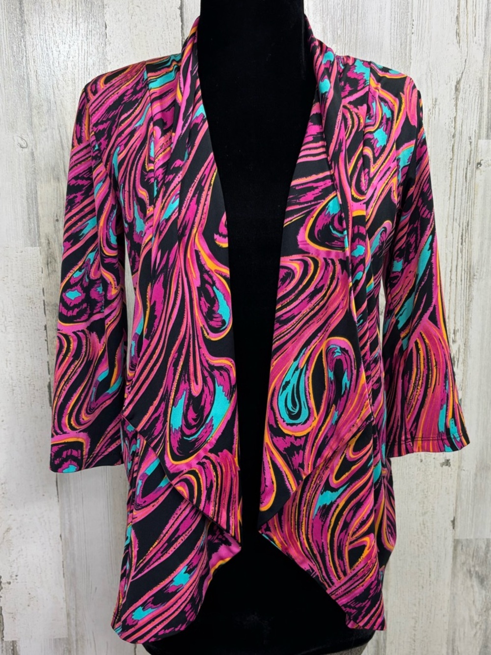 Slinky Brand Multicolor Swirl Open Front Jacket — Pink, Teal & Orange Accents